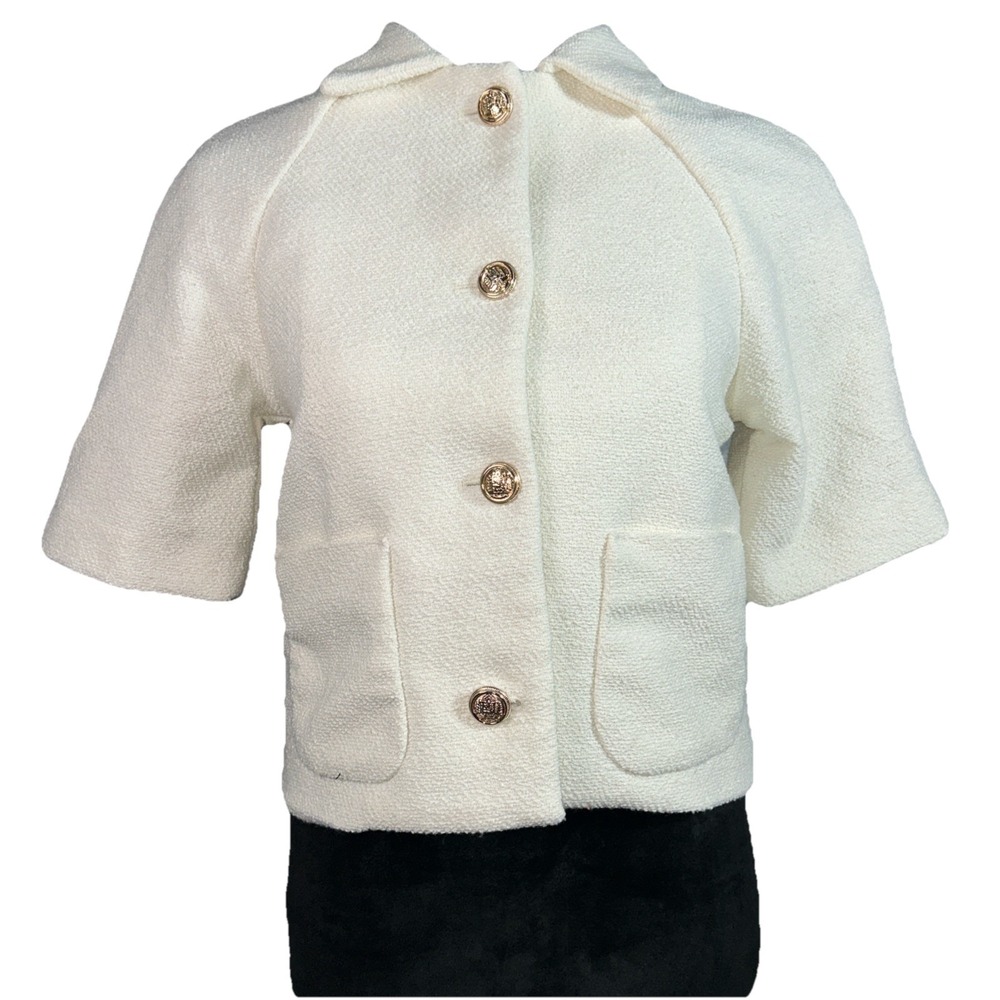 NWT H&M Cropped Jacket XS Ivory Short Sleeve Texture Peacoat Lined Gold‎ Button